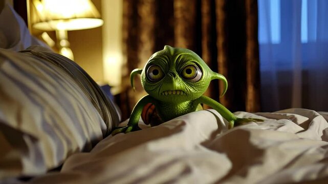 Green eyed alien peeking from hotel bed in evening light, Green eyed ugly alien on hotel room bed