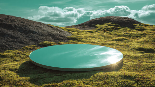Minimalist outdoor scene with a round mirror laying flat in vibrant mossy terrain, reflecting a striking cyan sky with feathered clouds. Natural sunlight grazes the mirror edge, creating a lens flar