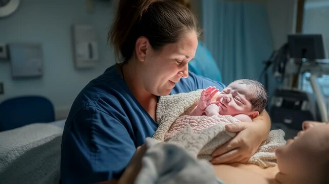 A nurse, a mother and a newborn in a clinic. Generative AI content of healthcare