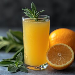 A glass of orange juice with a sprig of mint on top. A slice of orange is on the table next to the glass