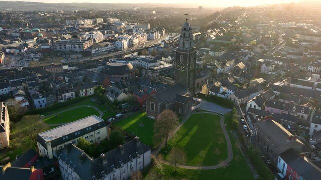 Cork city aerial view at sunset, Ireland, Irish city of Cork, Shandon bells church in Cork, tourism in Southern Ireland