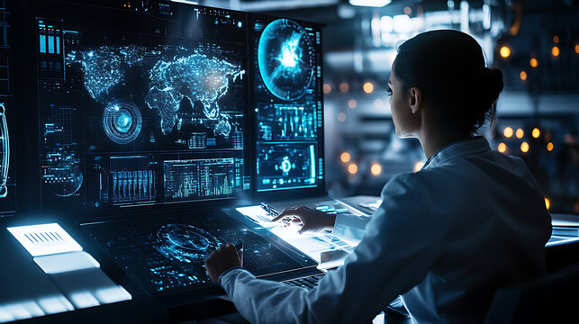 A aerospace engineer designing advanced spacecraft for interstellar travel, high-tech space lab with real-time spacecraft testing and propulsion simulation, Futuristic style