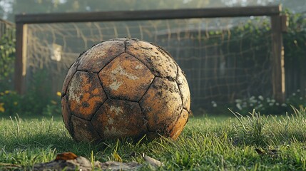Fototapeta premium Worn soccer ball on grassy field near goal