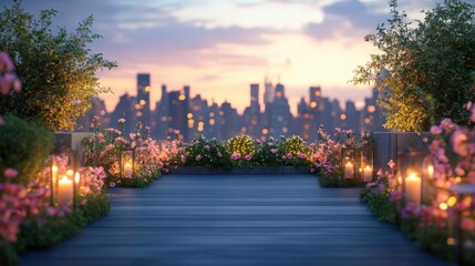Fototapeta premium Empty podium with a backdrop of a romantic, soft-lit rooftop garden, perfect for a proposal or celebration