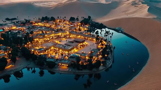 Explore Huacachina, a vibrant desert oasis town in Peru at sunset, Aerial video of the desert town of Huacachina in Peru