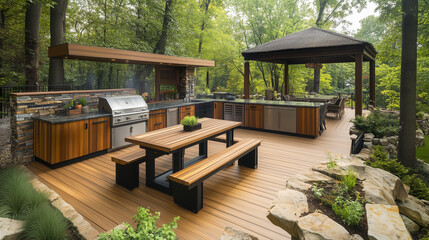 Obraz premium Large outdoor kitchen with a grill and a dining table