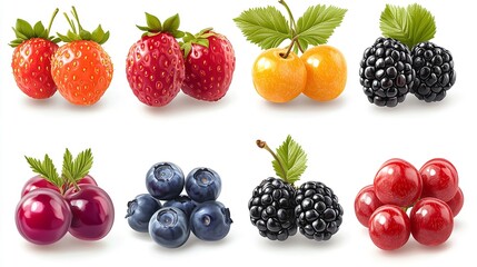 Fresh berries collection isolated on white background, featuring a mix of strawberries, blueberries, raspberries, and blackberries