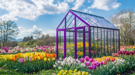 Greenhouse filled with a variety of colorful flowers, including tulips