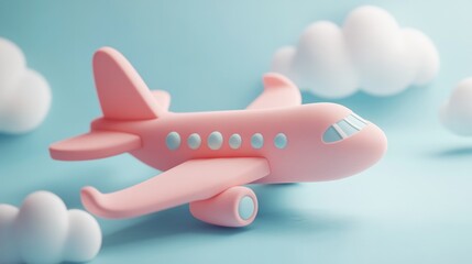 Fototapeta premium Playful 3D clay style airplane with cartoon passengers flying through stylized clouds representing family travel adventure with cheerful characters enjoying flight across blue sky vacation concept