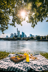 Bottle of beer and a tray of food are on a blanket by a river
