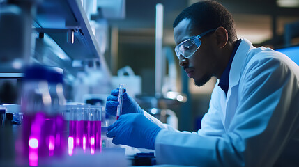 A biochemist developing innovative vaccines for emerging infectious diseases, high-tech lab with real-time pathogen simulation and vaccine testing, Scientific style