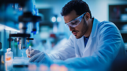 A biochemist developing nanomedicines for targeted cancer treatment, high-tech lab with real-time nanoparticle analysis and drug delivery testing, Scientific style