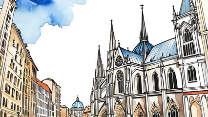 Obraz premium Architectural sketch of city buildings and church featuring watercolor style