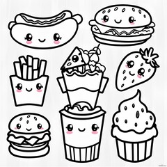Cute kawaii food coloring pages, black and white line art, hot dog, strawberry, french fries, cheese slice, hamburger, ice cream cone
