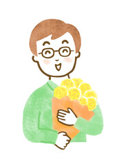 笑顔で黄色いバラの花束を持っている男性の上半身イラスト
