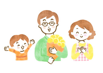 父の日に黄色いバラをもらって笑顔の父親と家族の全身イラスト