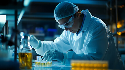 A biochemist developing synthetic vaccines for rapid global distribution, advanced lab with real-time vaccine formulation and testing, Scientific style