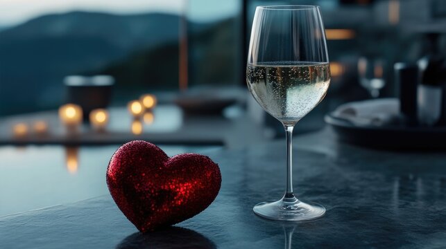 Romantic outdoor dining experience.  A glass of white wine and a red heart-shaped ornament sit on a dark surface overlooking a tranquil pool, bathed in the soft glow of candlelight,