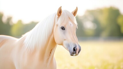 Obraz premium A palomino horse, with a flowing white mane and tail, is featured in a close-up shot. The horses head and shoulders are visible against a softly blurred background of green pasture and trees. The im