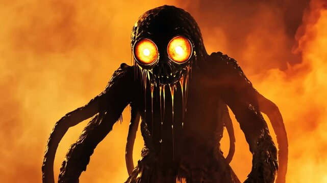 Terrifying monster with glowing eyes and tentacles emerges from smoky fiery orange background for horror theme, nightmare fuel illustration