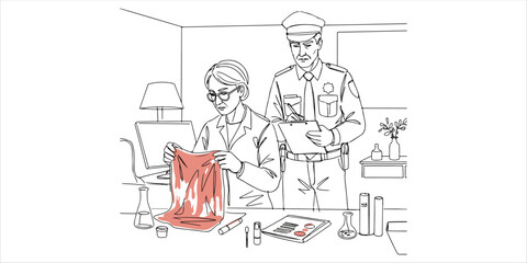 A forensic expert and a police officer meticulously examine the crime scene within the victim's apartment, carefully analyzing confidential evidence to uncover crucial details. As they assess the find