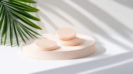 Beige cosmetic products display, natural light, palm leaf backdrop