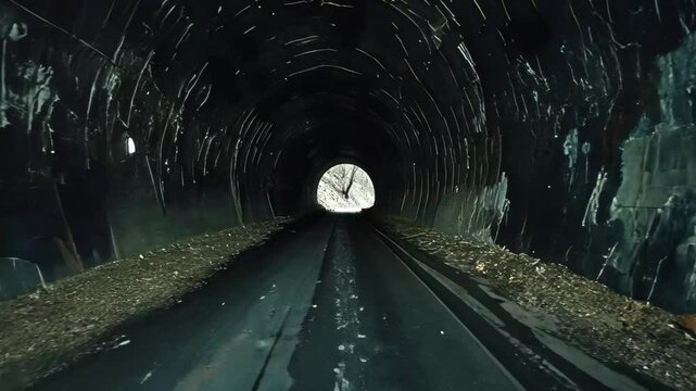 Decaying tunnel drive-through at dusk reveals eerie ambiance and shadowy surroundings, decaying old creepy tunnel drive through pov
