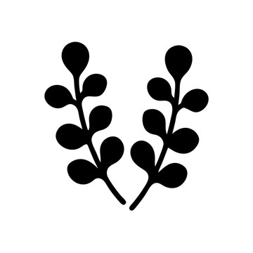 Two stylized black sprigs of leaves forming a gentle V-shape, simple elegant botanical design in bold silhouette.