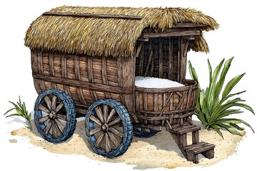 Obraz premium Traditional Wooden Cart with Straw Roof and White Contents