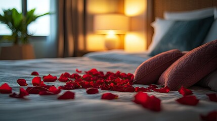 Cozy Romantic Bed with Pillows and Rose Petals