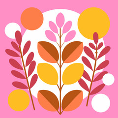 A vibrant floral arrangement blossoming with joy and optimism on a pink backdrop, featuring bold shapes and warm colors.