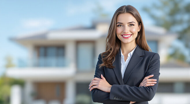 A smiling female realtor in business clothes stands with her arms crossed near a modern private cottage ready for sale. Real estate and business