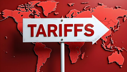 White arrow sign with bold red "TARIFFS" text in front of red world map, representing global trade restrictions, economic policy, import-export barriers, and international business impact.