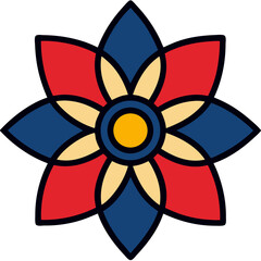 A vibrant stylized flower blooming with bold red, blue, and yellow petals, radiating joyful energy and a sense of celebration in a striking graphic design.