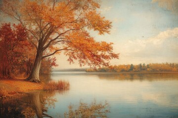 Obraz premium Misty autumn morning with red and orange trees reflecting on a calm lake in a serene and artistic landscape scene