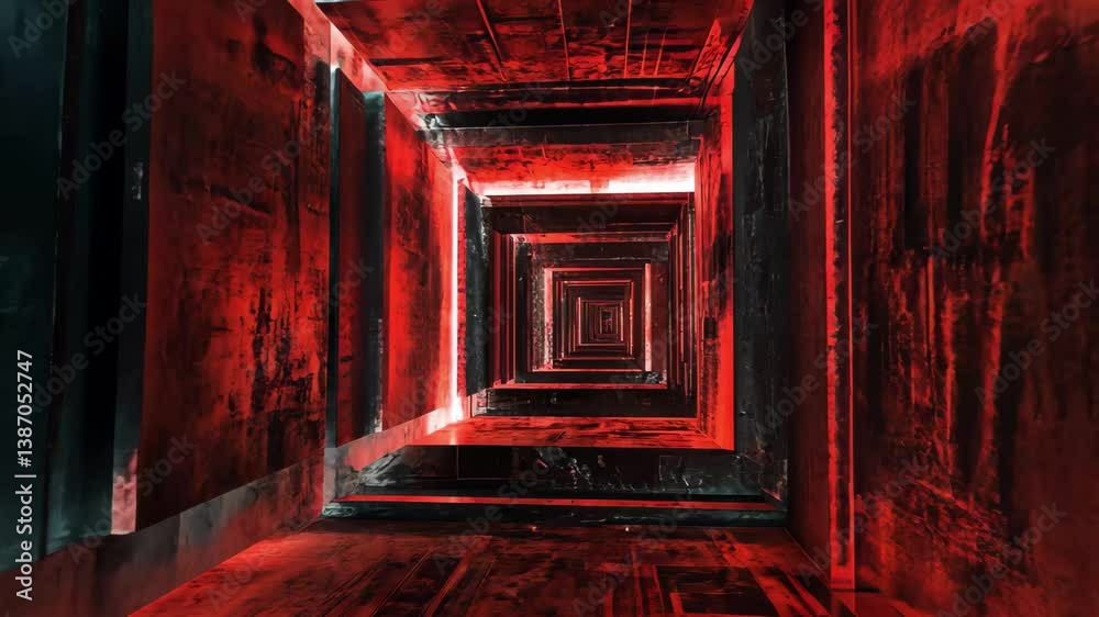 Poster intricate dark sci fi tunnel with red light effects in a floating environment, floating dark sci fi 