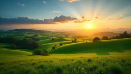Fototapeta premium Idyllic Green Hills During Sunset Glow