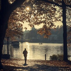 Fototapeta premium Autumn Stroll by Lakeside Path