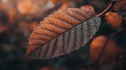 Close-Up of Moist Leaf with Dew Droplets in Soft Natural Light