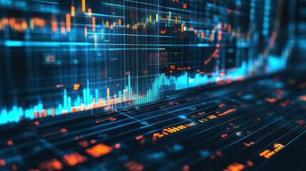 Abstract Financial Data Visualization: Dynamic Stock Market Charts and Graphs Displayed on a Futuristic Screen