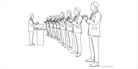 From a side view, a row of professional company staff members stands in unison, clapping their hands in appreciation for the speaker. Their expressions and gestures convey respect and engagement