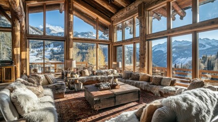 Mountain lodge living room, panoramic view, autumn, luxury home, real estate