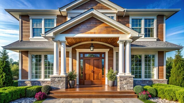 Elegant Suburban Home Front Door with Gabled Portico