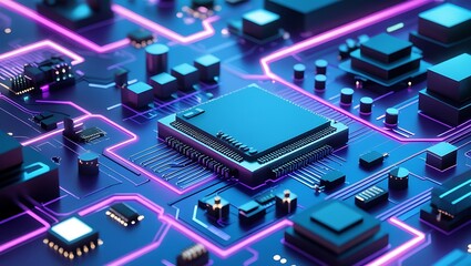 Futuristic 3D Isometric Circuit Board Wallpaper &ndash; Abstract Cyberpunk Tech Design with Glowing Violet and Blue Lines, Microchips, and Geometric Components in High-Resolution Render
