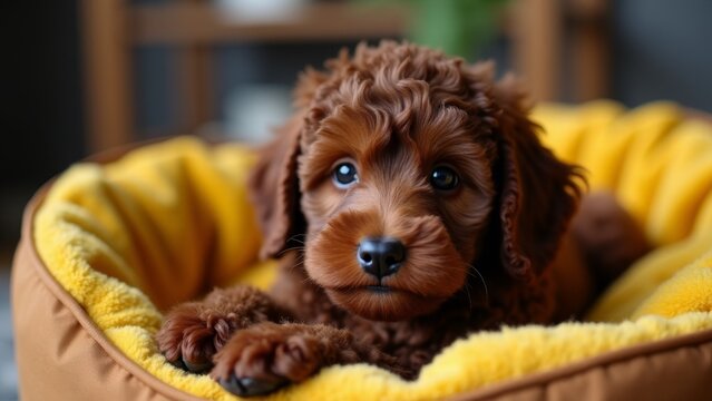 Adorable Cavapoo Puppy Lying In Dog Bed
