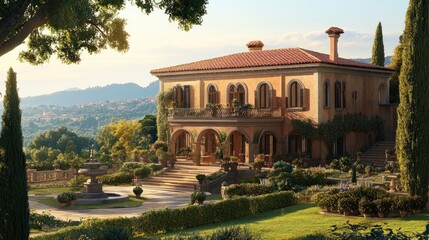 Naklejka premium Tuscan Villa Sunset Hilltop Garden Real Estate