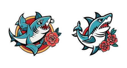 Two Angry Shark Logos with Rose Tattoos