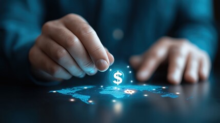 Businessman’s hand interacts with glowing digital dollar sign above world map, representing global finance and digital economy, in dark modern setting. Concept of fintech and virtual investment