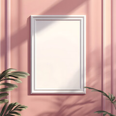 Minimalist white frame mockup on pink wall with sunlight shadows, palm plant, and decor elements

