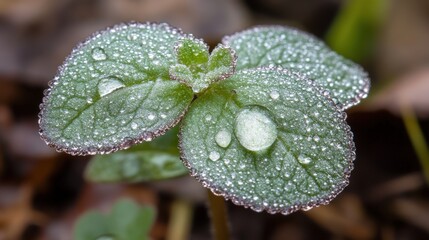 Fresh Green Leaves with Raindrops on Surface in Natural Setting